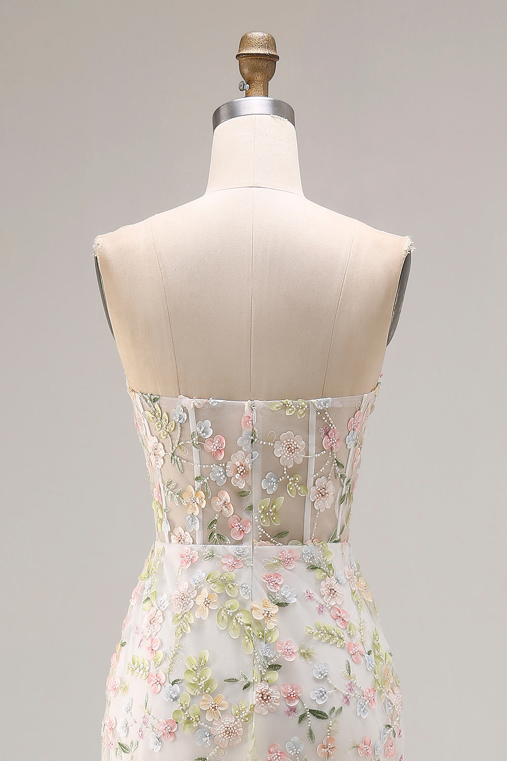 Floral White Mermaid Beaded Sweetheart Long Corset Prom Dress with Slit