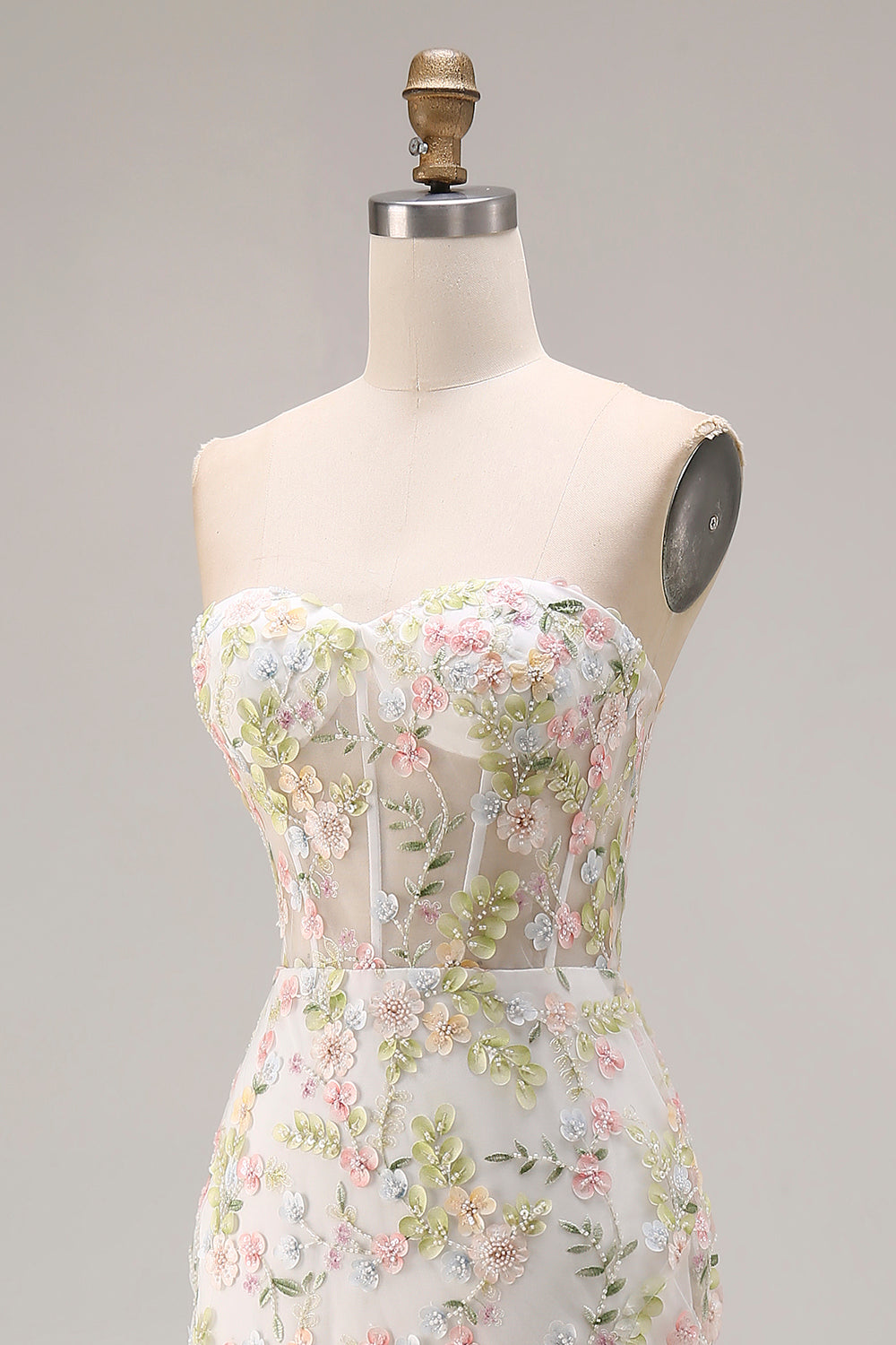 Floral White Mermaid Beaded Sweetheart Long Corset Prom Dress with Slit