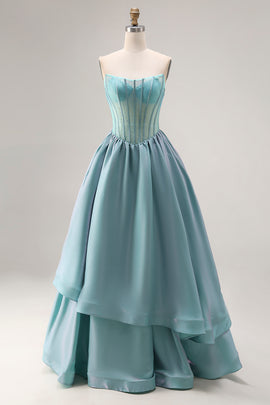 Turquoise Satin A Line Strapless Long Corset Prom Dress with Ruffles