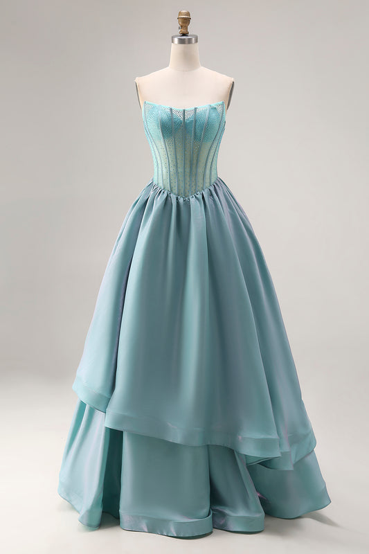 Turquoise Satin A Line Strapless Long Corset Prom Dress with Ruffles