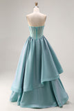 Turquoise Satin A Line Strapless Long Corset Prom Dress with Ruffles