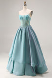 Turquoise Satin A Line Strapless Long Corset Prom Dress with Ruffles