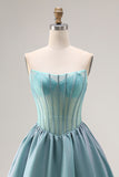 Turquoise Satin A Line Strapless Long Corset Prom Dress with Ruffles