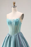 Turquoise Satin A Line Strapless Long Corset Prom Dress with Ruffles