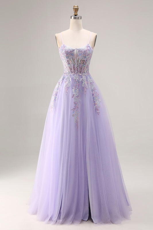 Floral Lilac Tulle A Line Appliqued Long Corset Prom Dress with Beading