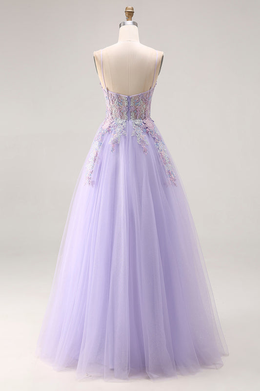 Floral Lilac Tulle A Line Appliqued Long Corset Prom Dress with Beading