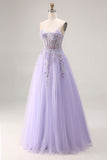 Floral Lilac Tulle A Line Appliqued Long Corset Prom Dress with Beading