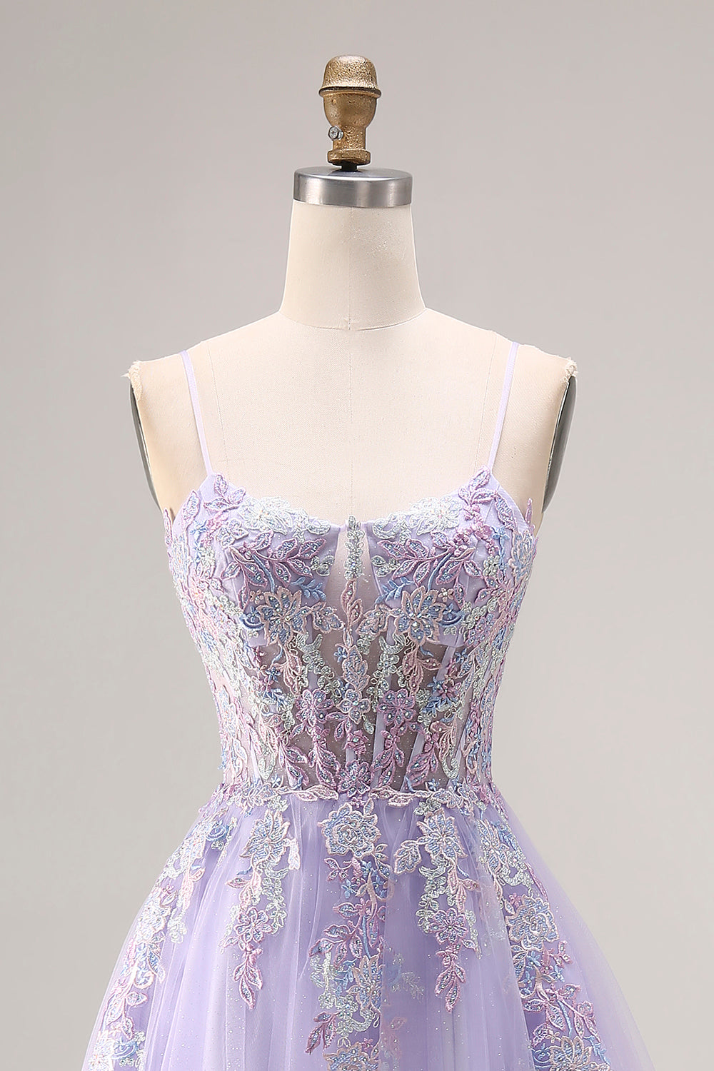 Floral Lilac Tulle A Line Appliqued Long Corset Prom Dress with Beading