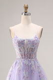 Floral Lilac Tulle A Line Appliqued Long Corset Prom Dress with Beading