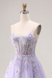 Floral Lilac Tulle A Line Appliqued Long Corset Prom Dress with Beading