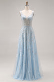 Sparkly Light Blue A Line Sequins Long Corset Prom Dress with Beading