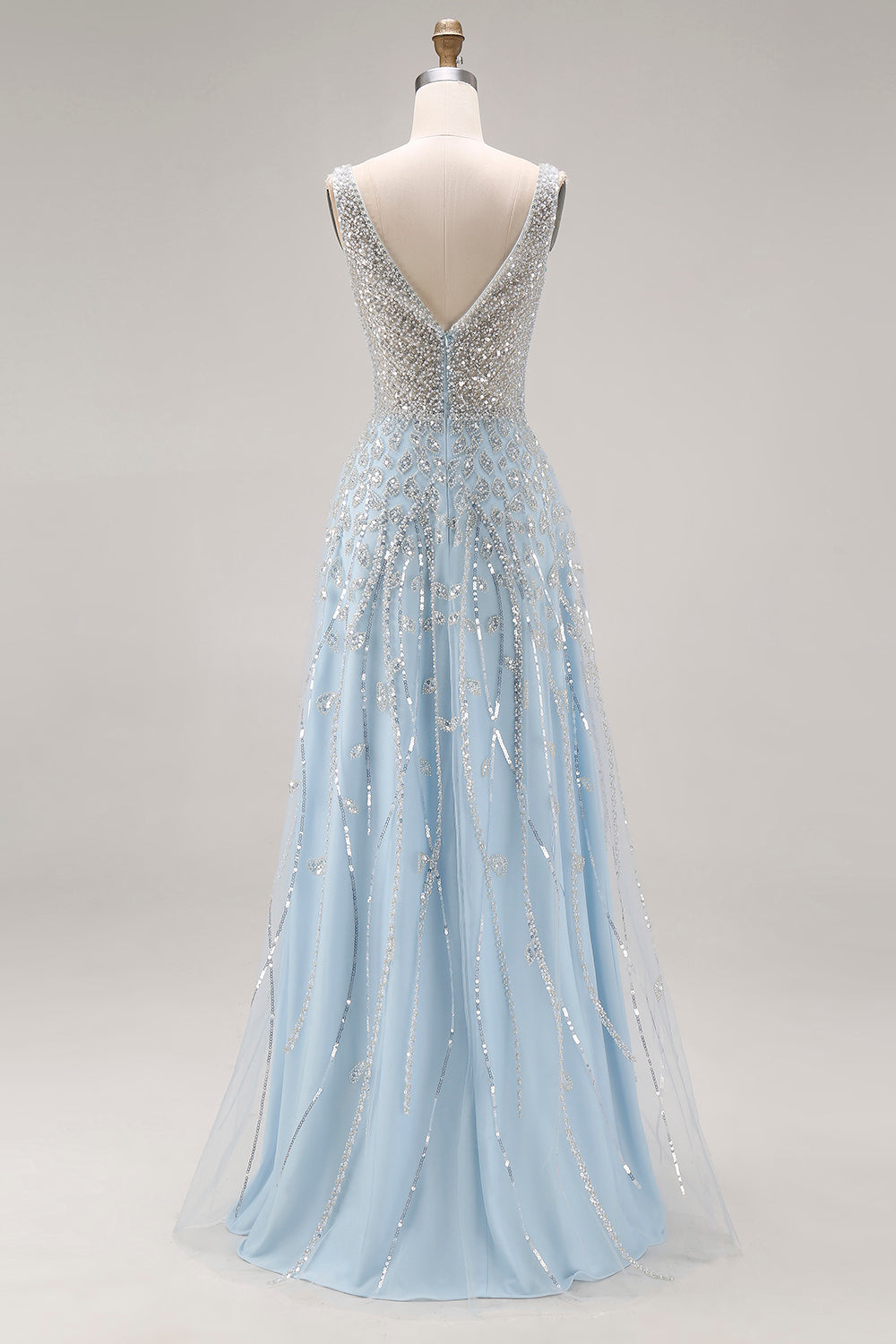Sparkly Light Blue A Line Sequins Long Corset Prom Dress with Beading