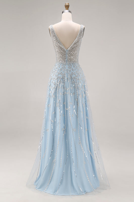 Sparkly Light Blue A Line Sequins Long Corset Prom Dress with Beading