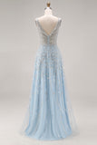 Sparkly Light Blue A Line Sequins Long Corset Prom Dress with Beading