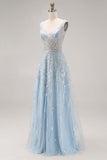 Sparkly Light Blue A Line Sequins Long Corset Prom Dress with Beading