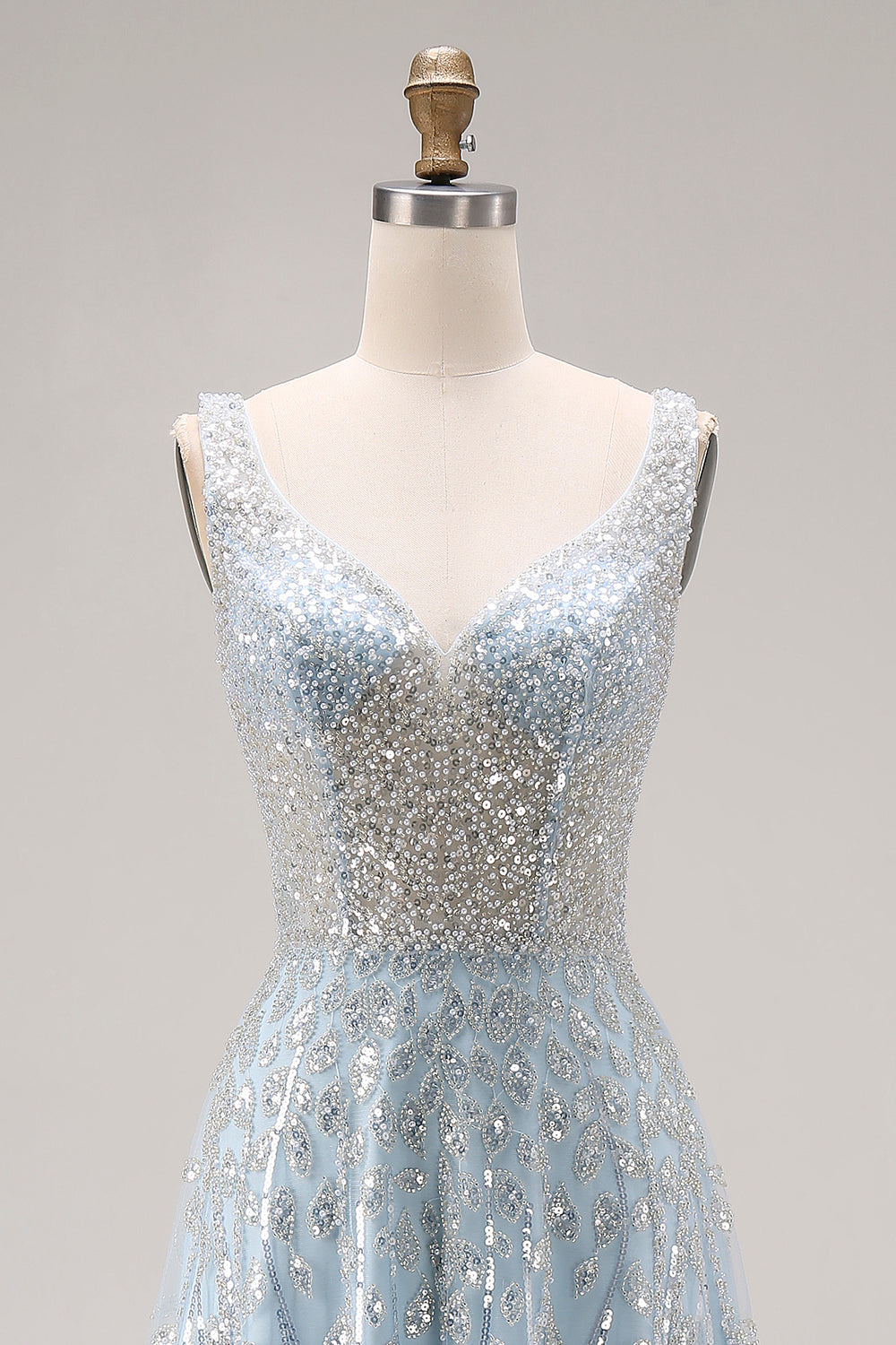 Sparkly Light Blue A Line Sequins Long Corset Prom Dress with Beading