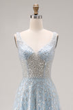 Sparkly Light Blue A Line Sequins Long Corset Prom Dress with Beading