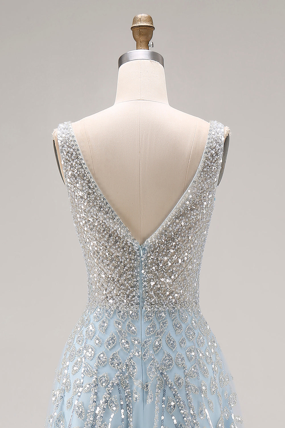 Sparkly Light Blue A Line Sequins Long Corset Prom Dress with Beading