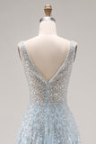 Sparkly Light Blue A Line Sequins Long Corset Prom Dress with Beading