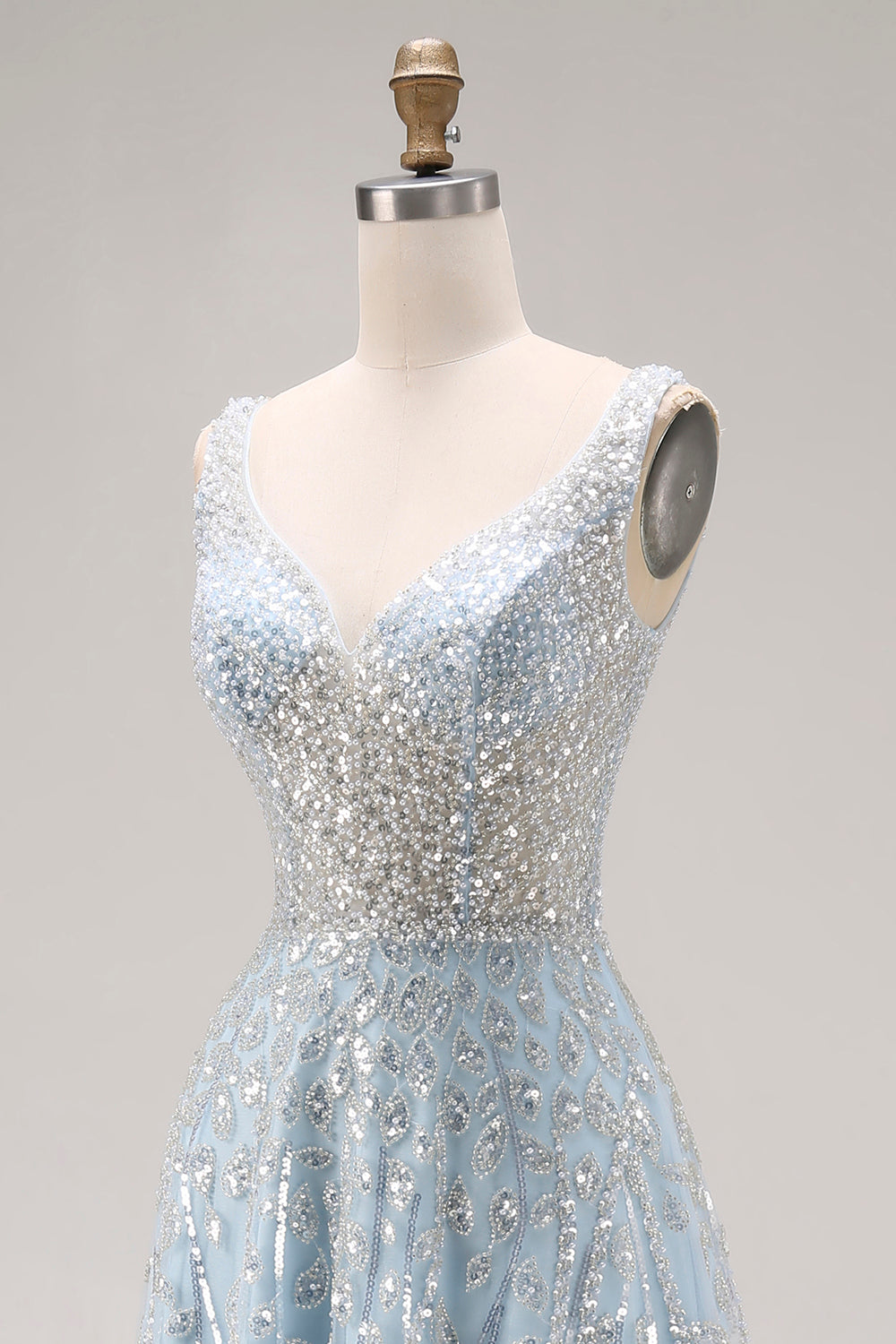 Sparkly Light Blue A Line Sequins Long Corset Prom Dress with Beading