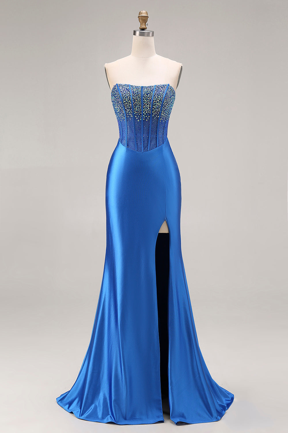 Royal Blue Mermaid Beaded Strapless Long Corset Prom Dress with Slit