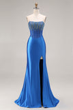 Royal Blue Mermaid Beaded Strapless Long Corset Prom Dress with Slit