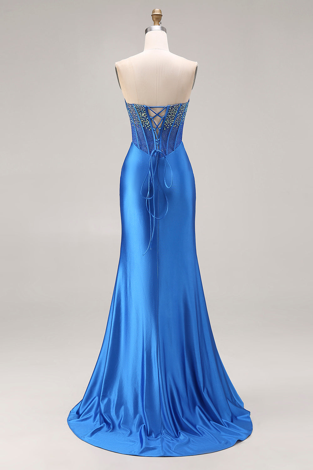 Royal Blue Mermaid Beaded Strapless Long Corset Prom Dress with Slit