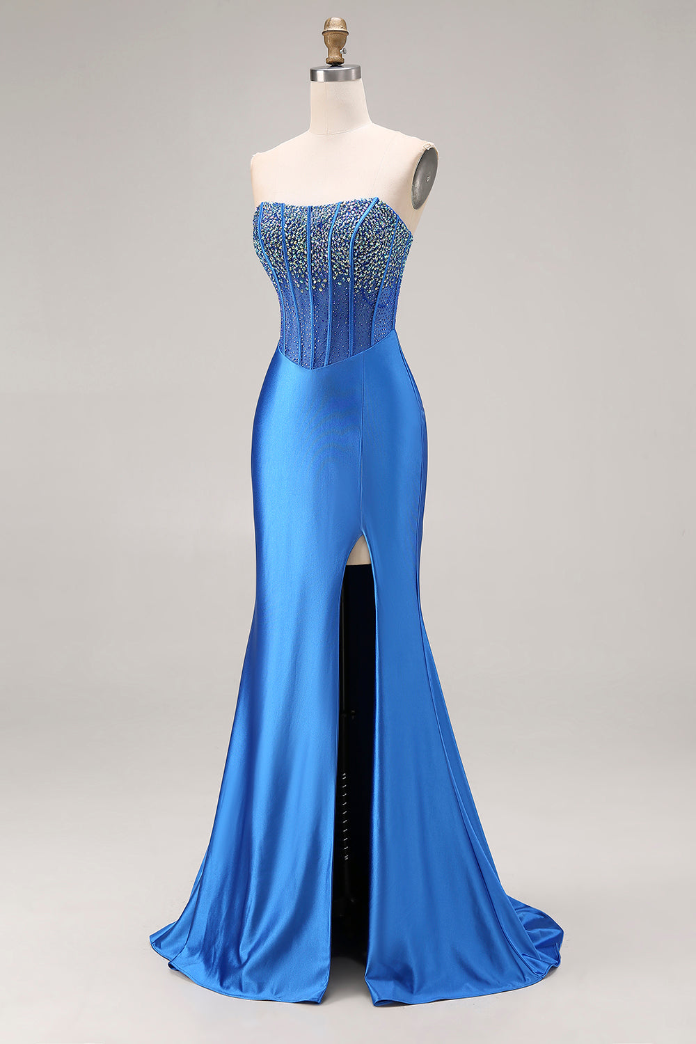 Royal Blue Mermaid Beaded Strapless Long Corset Prom Dress with Slit