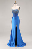 Royal Blue Mermaid Beaded Strapless Long Corset Prom Dress with Slit