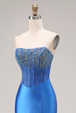 Royal Blue Mermaid Beaded Strapless Long Corset Prom Dress with Slit