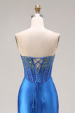 Royal Blue Mermaid Beaded Strapless Long Corset Prom Dress with Slit