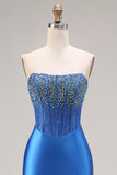 Royal Blue Mermaid Beaded Strapless Long Corset Prom Dress with Slit