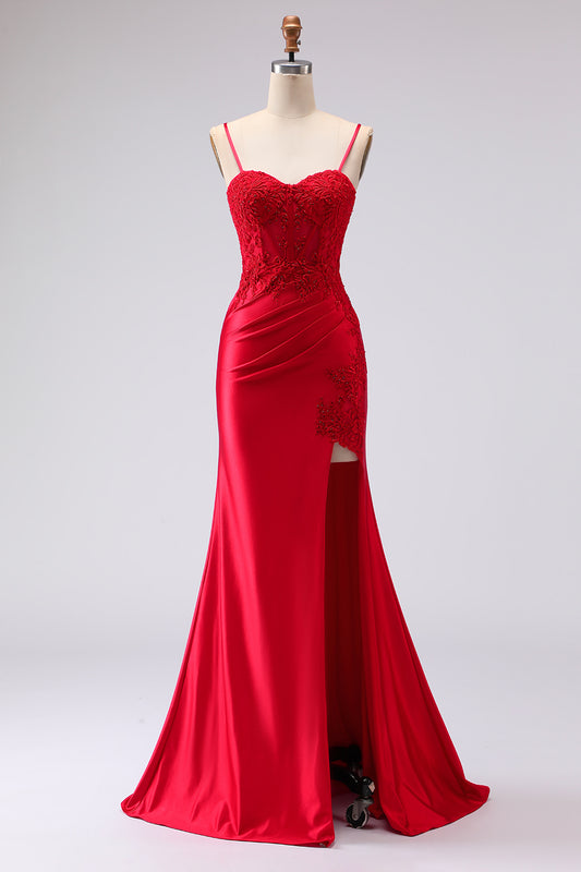 Red Mermaid Appliqued Spaghetti Straps Long Prom Dress with Slit