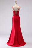 Red Mermaid Appliqued Spaghetti Straps Long Prom Dress with Slit