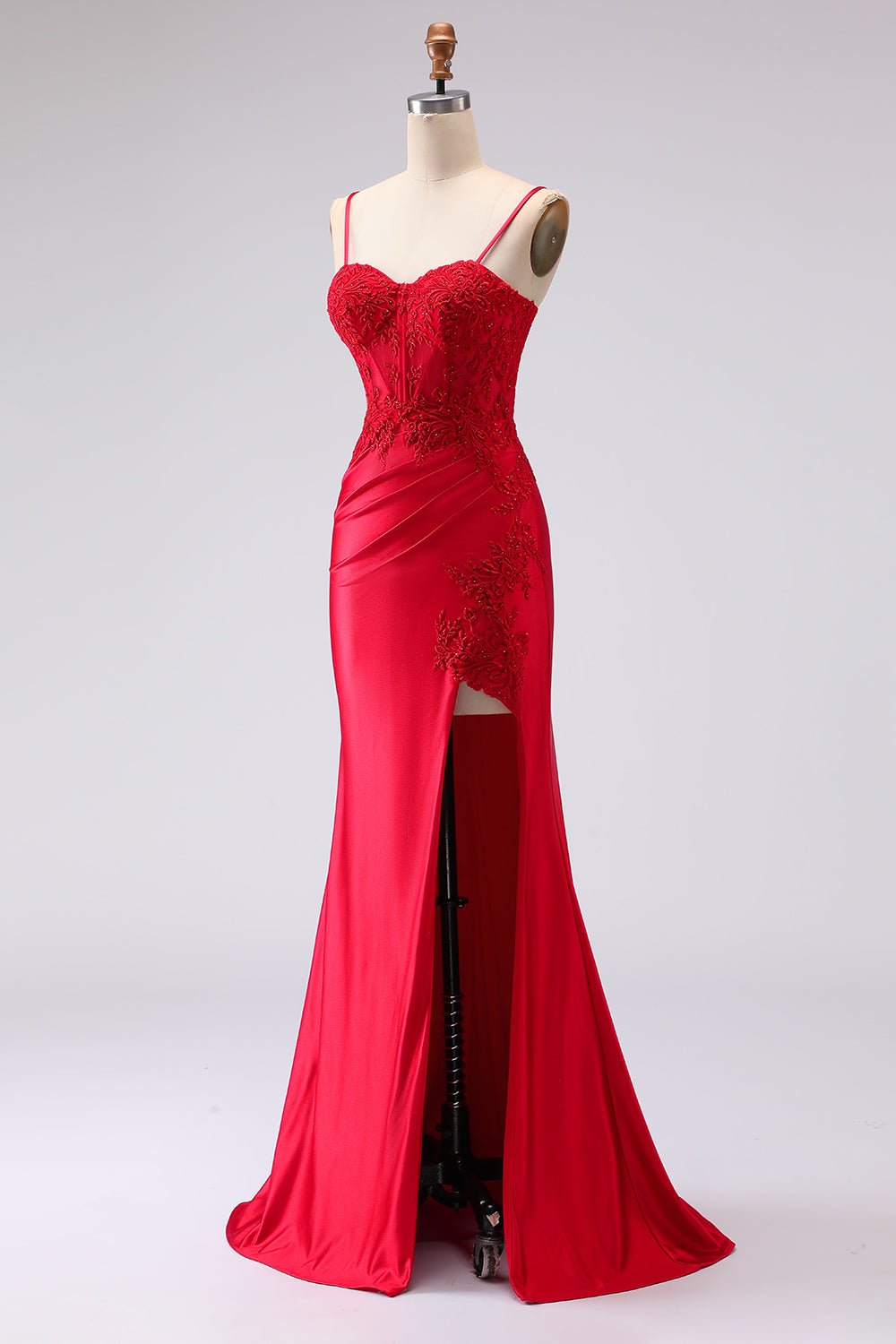 Red Mermaid Appliqued Spaghetti Straps Long Prom Dress with Slit