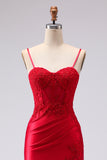 Red Mermaid Appliqued Spaghetti Straps Long Prom Dress with Slit