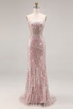 Sparkly Light Pink Mermaid Strapless Long Beaded Corset Prom Dress