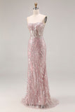 Sparkly Light Pink Mermaid Strapless Long Beaded Corset Prom Dress
