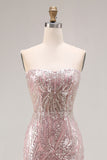 Sparkly Light Pink Mermaid Strapless Long Beaded Corset Prom Dress