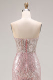 Sparkly Light Pink Mermaid Strapless Long Beaded Corset Prom Dress