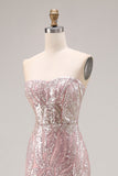 Sparkly Light Pink Mermaid Strapless Long Beaded Corset Prom Dress