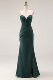 Sparkly Dark Green Mermaid Beaded Ruched Long Corset Prom Dress with Slit