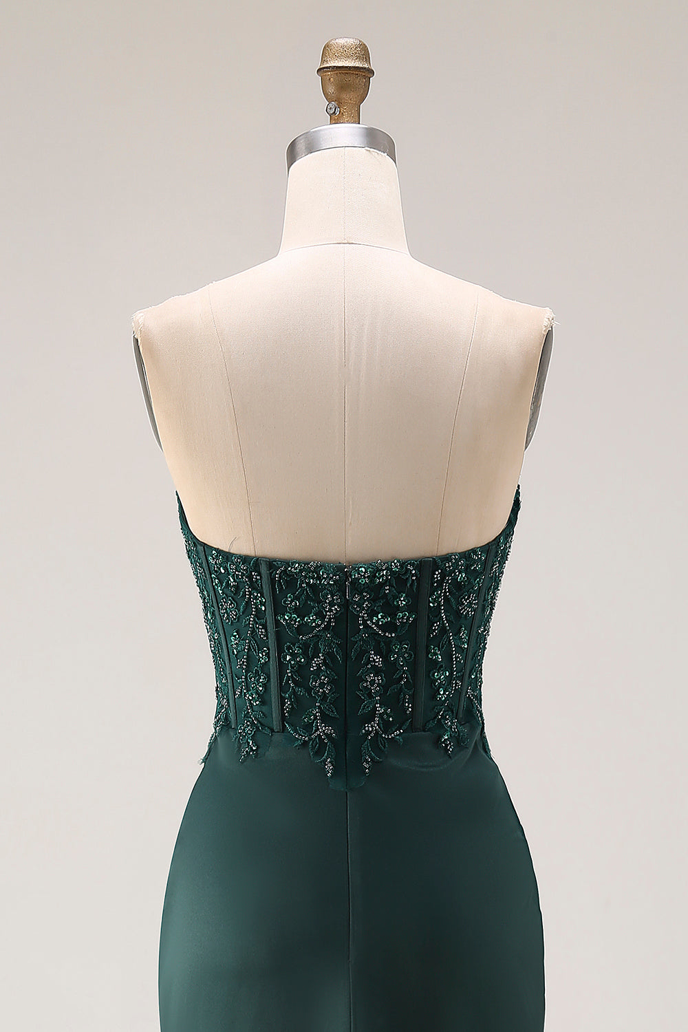 Sparkly Dark Green Mermaid Beaded Ruched Long Corset Prom Dress with Slit