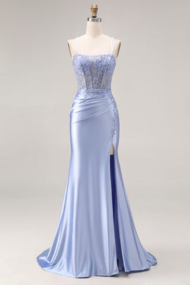 Dusty Blue Mermaid Beaded Spaghetti Straps Long Prom Dress with Slit