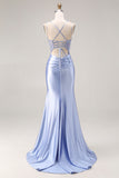 Dusty Blue Mermaid Beaded Spaghetti Straps Long Prom Dress with Slit