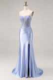 Dusty Blue Mermaid Beaded Spaghetti Straps Long Prom Dress with Slit