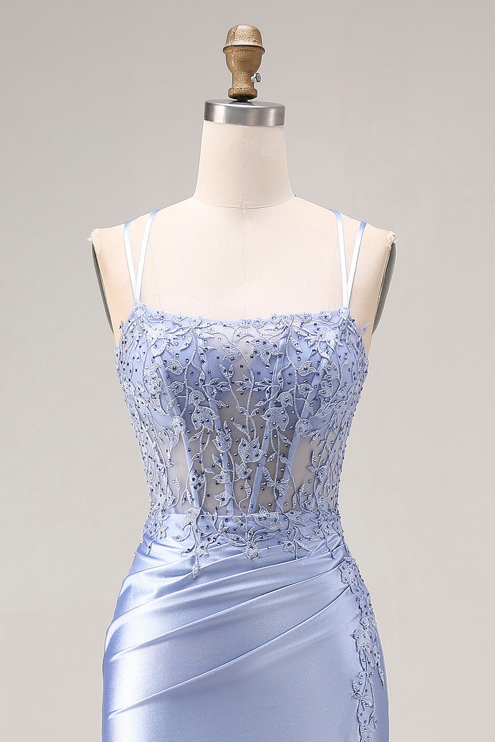 Dusty Blue Mermaid Beaded Spaghetti Straps Long Prom Dress with Slit