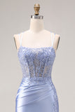 Dusty Blue Mermaid Beaded Spaghetti Straps Long Prom Dress with Slit
