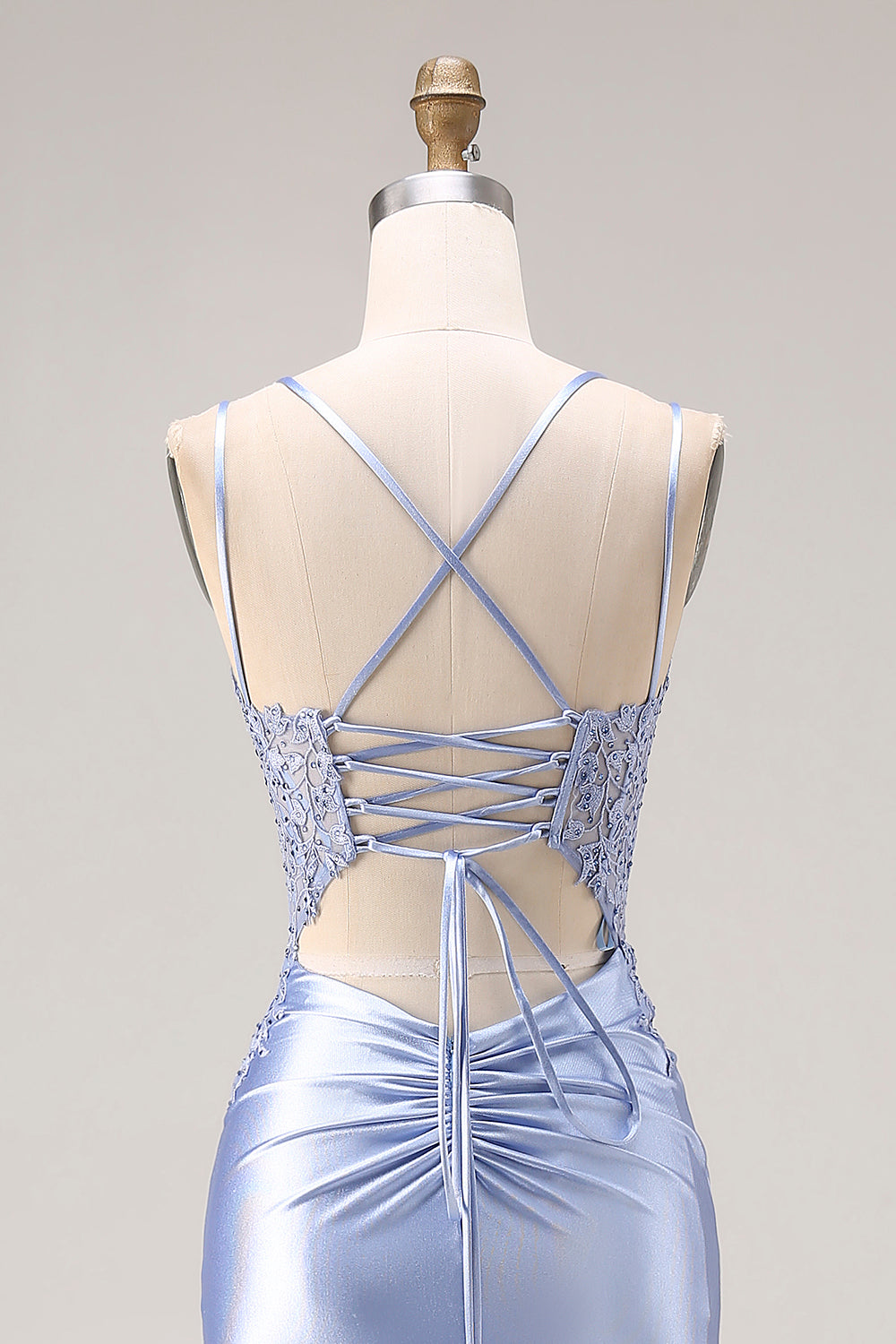 Dusty Blue Mermaid Beaded Spaghetti Straps Long Prom Dress with Slit