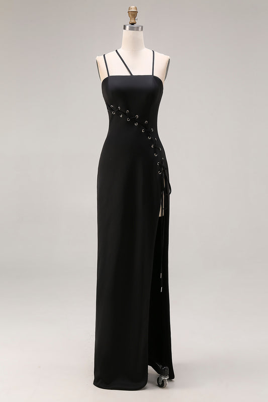 Black Spaghetti Straps Mermaid Long Prom Dress with Slit